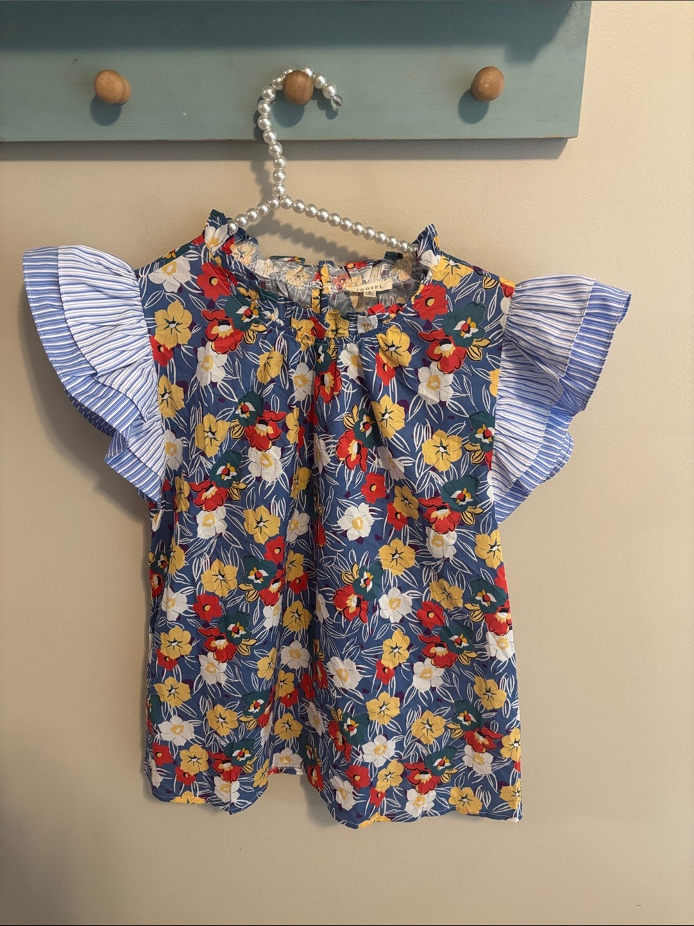 Jodifl Floral Top Blouse Small S Cotton Blue Stripe Ruffle Flutter Sleeve Boho